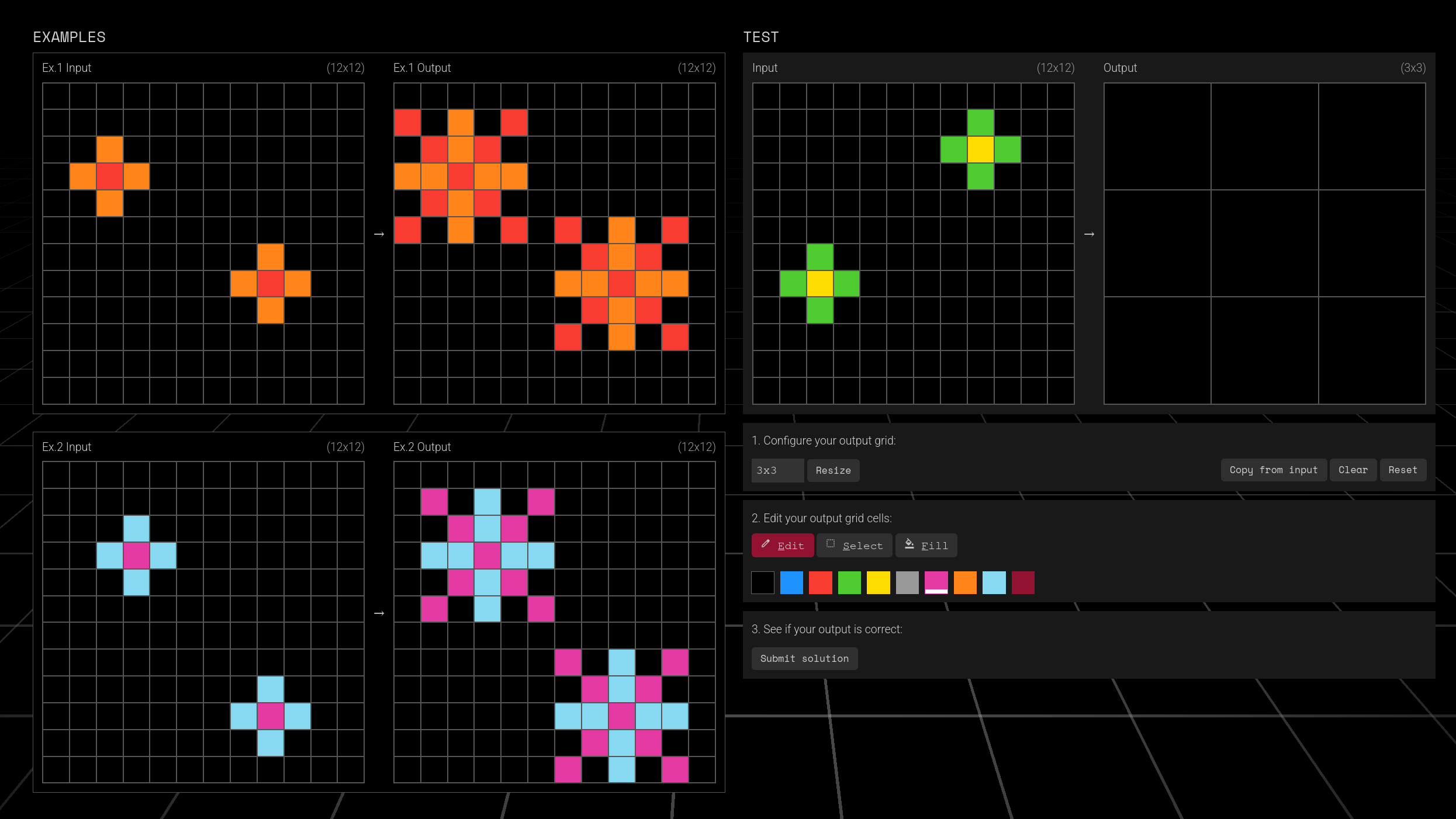 A visualization of an ARC-AGI task, showing two example input/output pairs and one challenge input grid.